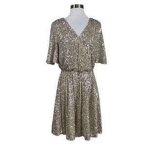Alexia Admor Sequined Fit and Flare Short Sleeve Cocktail Dress Gold Size Large